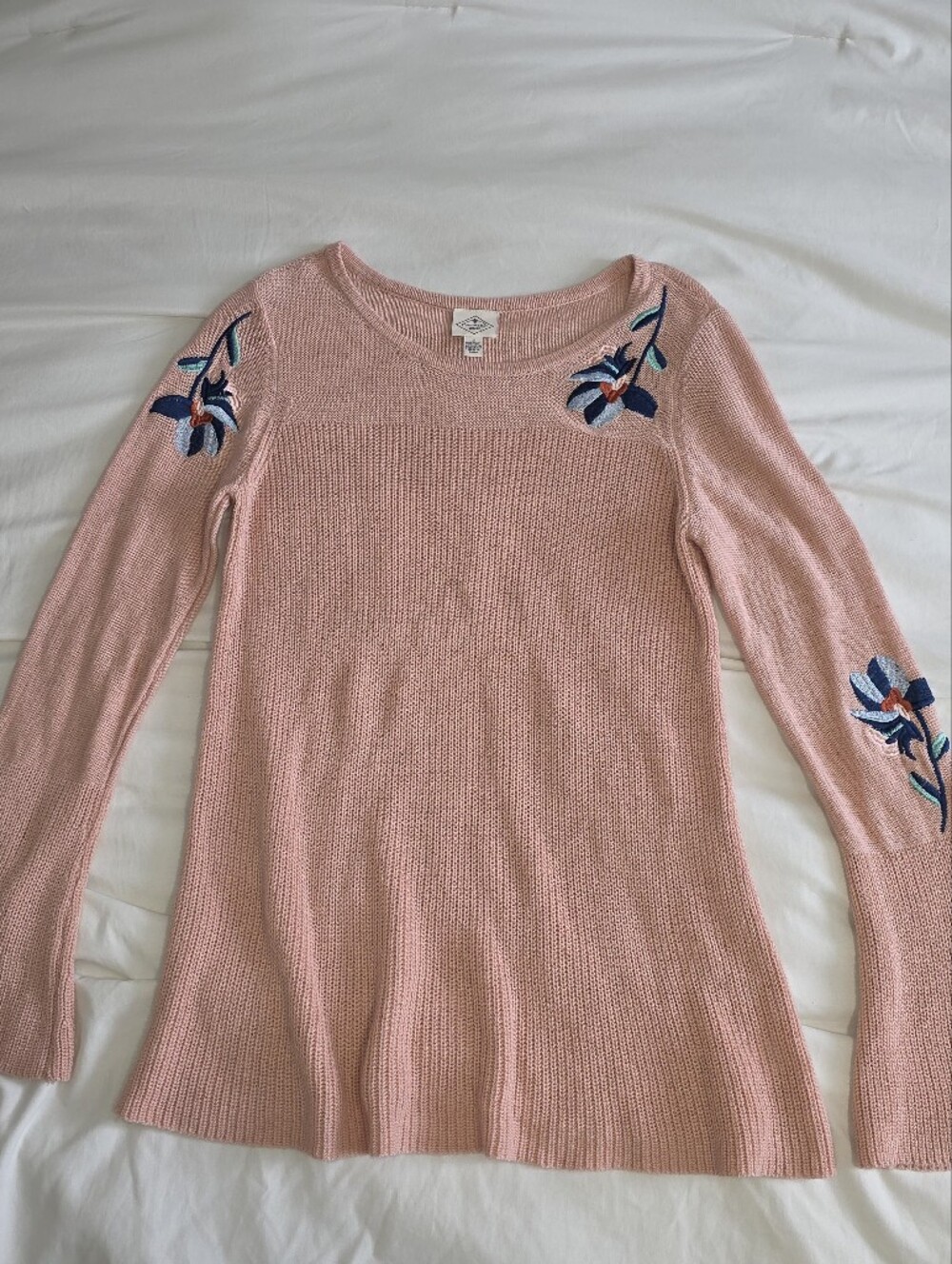 St. John's Bay Pink Crewneck Sweater with Blue Floral Embroidery
